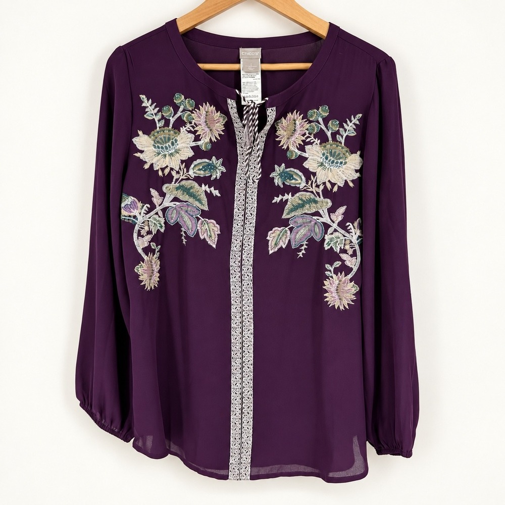 Chico's 1 or Medium Long Sleeve Blouse Purple Floral Embroidered Boho Romantic